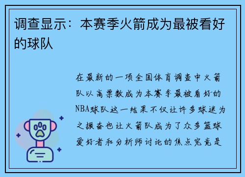 调查显示：本赛季火箭成为最被看好的球队